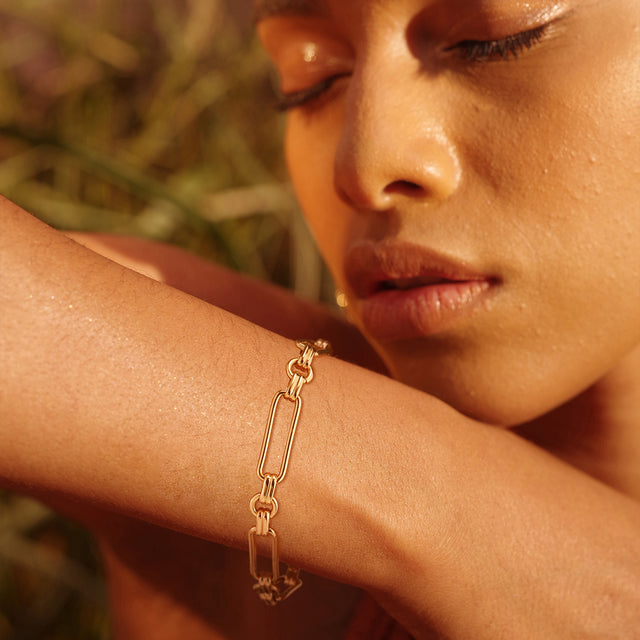 HOLYMAGIC Gold Beaded Bracelets,14k Gold Plated Handmade Cute Satellite Diamond Cut Oval and Round Beads Rope Chain Dainty Bracelet for Women