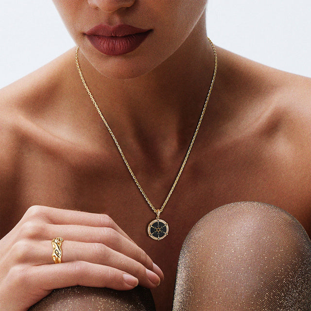 Black Onyx Hexagonal Pendant Necklace 14K Gold Plated for Women