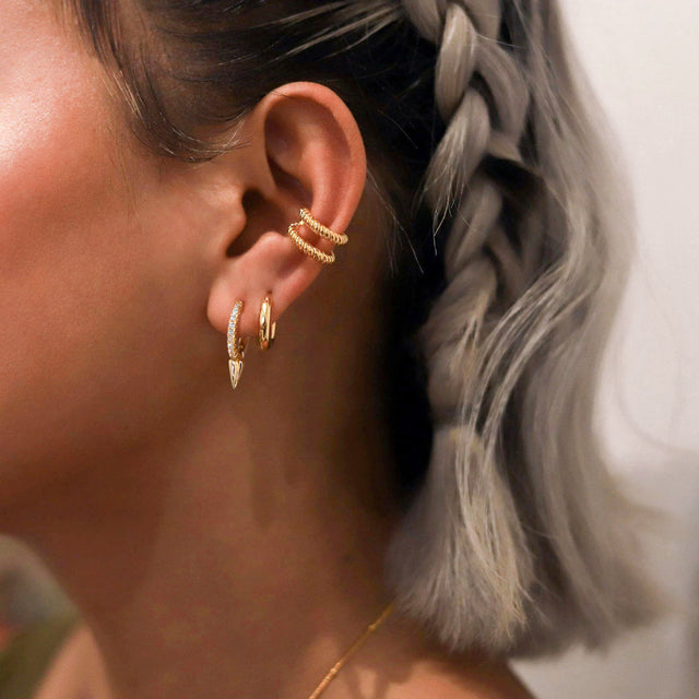 HolyMagic Women Huggie Hoop Earrings Gold Ear Stud Cuff 14k Gold Filled Small Boho Beach Simple Delicate Handmade Hypoallergenic Jewelry Gift