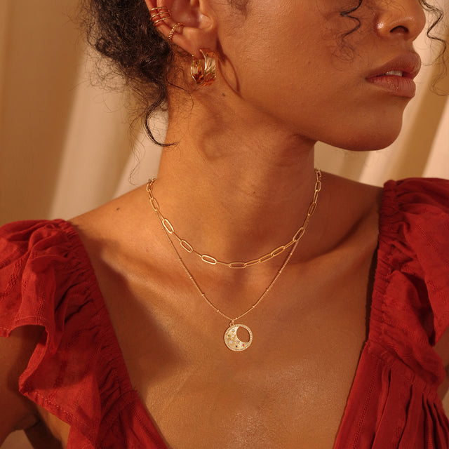 HOLYMAGIC Pendant Necklace Gold Choker Layered Coin Open Karma Circle Full New Crescent Moon 14K Gold Plated Dainty Simple Moon Phase Jewelry for Women /Men Gift
