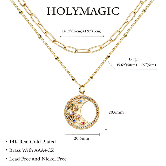 HOLYMAGIC Pendant Necklace Gold Choker Layered Coin Open Karma Circle Full New Crescent Moon 14K Gold Plated Dainty Simple Moon Phase Jewelry for Women /Men Gift