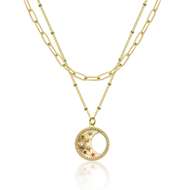 HOLYMAGIC Pendant Necklace Gold Choker Layered Coin Open Karma Circle Full New Crescent Moon 14K Gold Plated Dainty Simple Moon Phase Jewelry for Women /Men Gift