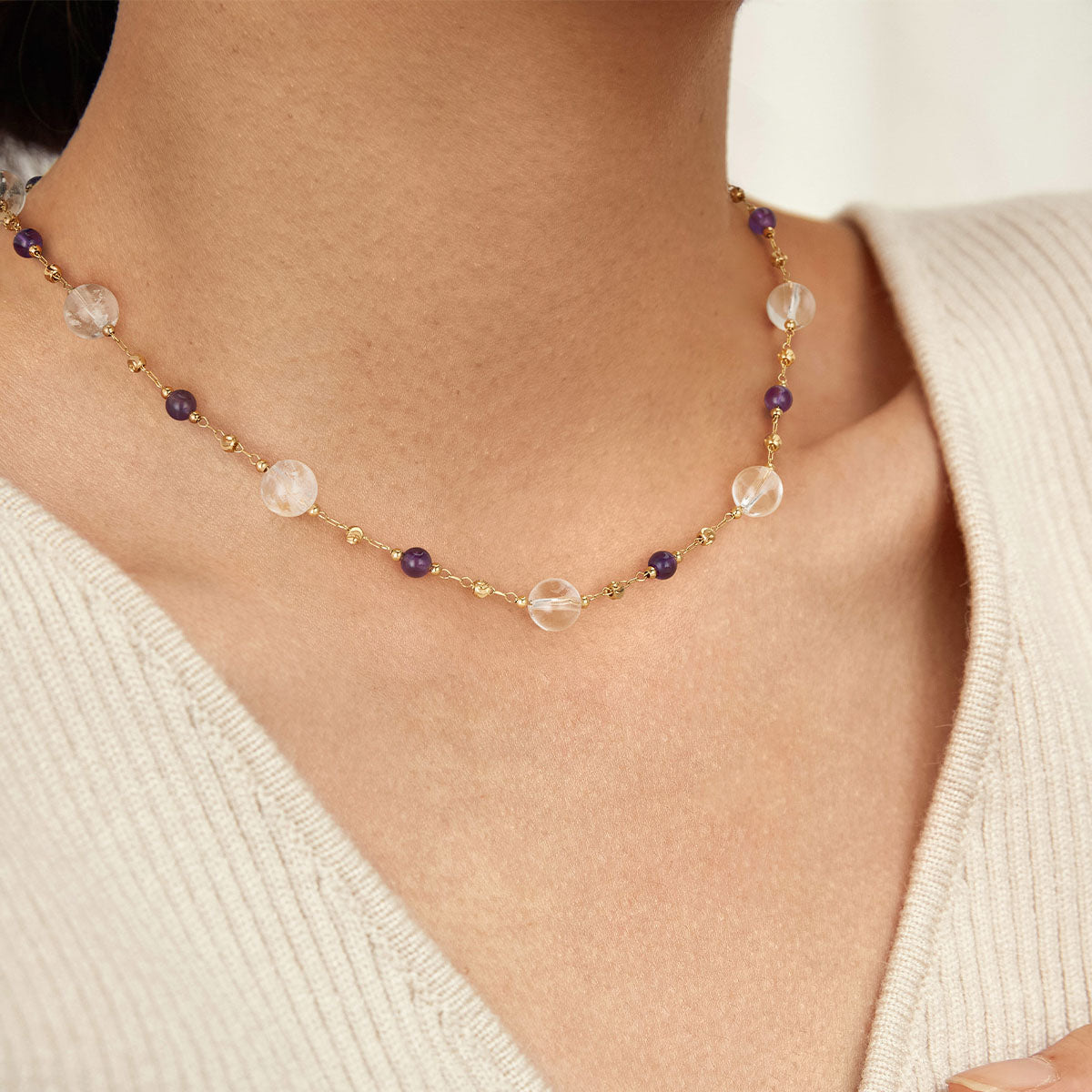 Amethyst Crystal Beaded Choker Necklace