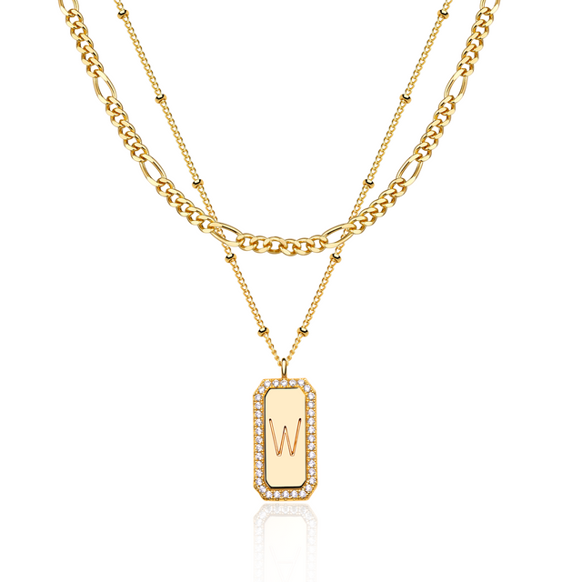 HolyMagic Gold Initial Necklace for Women 18K Gold Plated Figaro Chain Choker Layered Necklaces Set Bar Rectangle Pendant Necklaces Simple Dainty