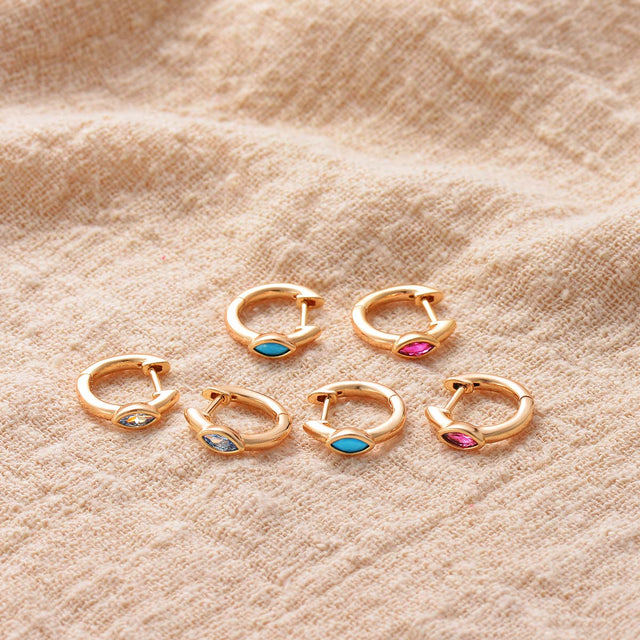 Close-up detail of Fettero® boho color tiny hoop earrings, polished gold finish with colorful accents for women