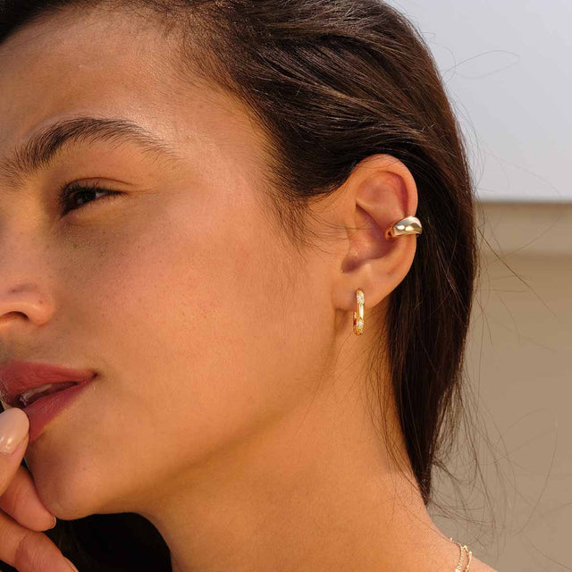 Fettero® dome ear cuff styled on model, gold ear cuff for women perfect for everyday wear and gifting