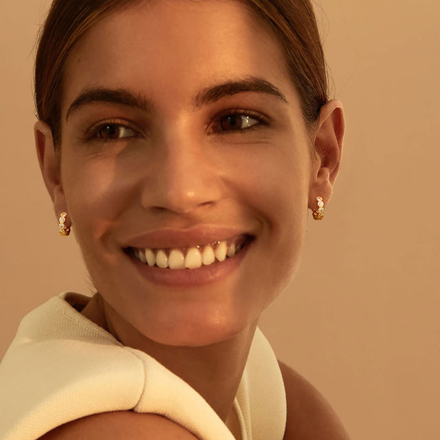 Fettero® pavé CZ hoop earrings styled on model, gold earrings for women perfect for everyday wear and gifting