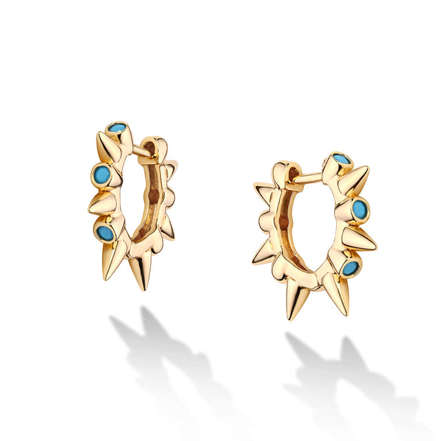 Turquoise spike hoop earrings in gold for women by Fettero®, bold everyday wear earrings and unique gift