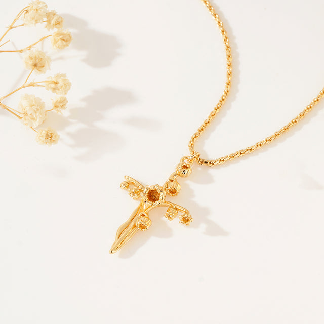 HolyMagic Cross Necklace for Women 18K Gold Plated Birth Flower Necklaces Rope Cross Pendant Fashion Gold Jewelry Birthday Gifts 12 Month