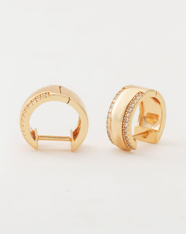 Wide CZ huggie earrings in gold for women by Fettero®, sparkling everyday wear jewelry and elegant gift choice