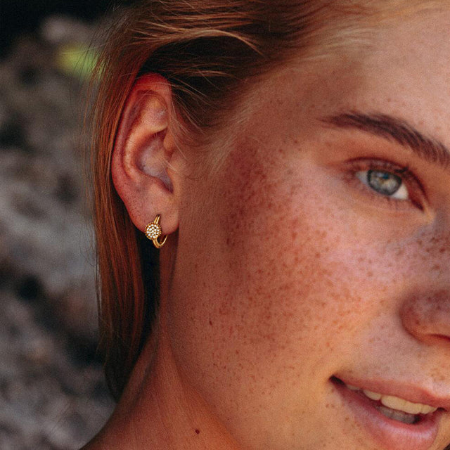 Fettero® retro CZ hoop earrings styled on model, gold earrings for women perfect for everyday wear
